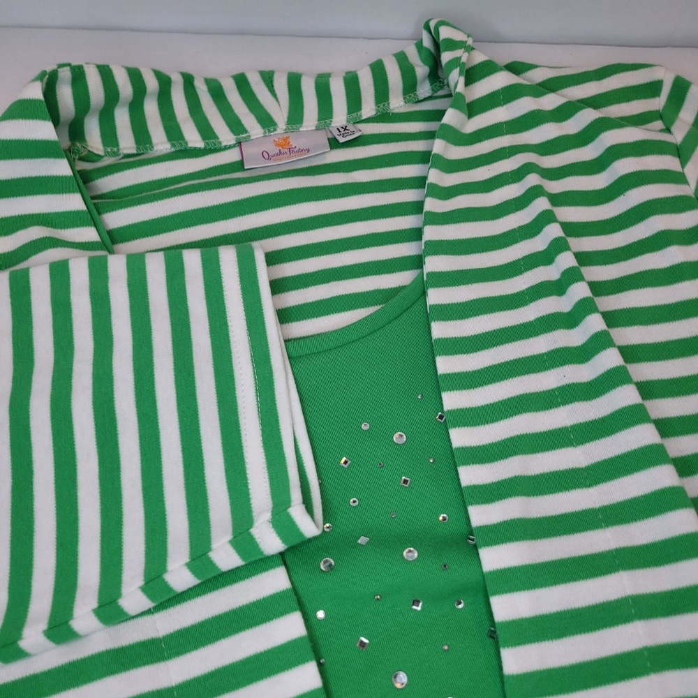 Quacker Factory 3/4 Sleeve‎ Duet Green Stripe Attached Tank w/Embellishments 1X